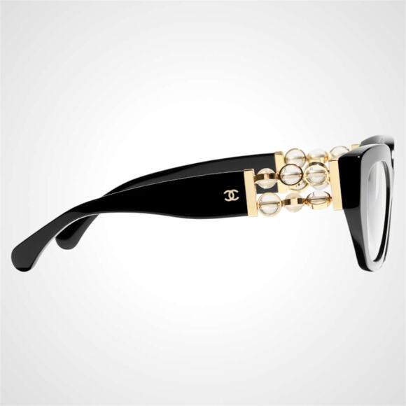 New CHANEL Eyeglasses Black Gold Cat Eye Clear Rotating Pearls 52mm - Picture 3 of 5